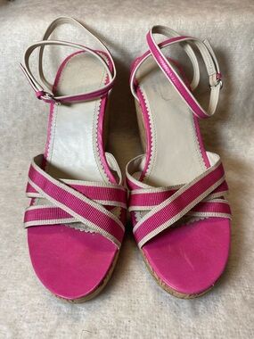 Coach Pink and Cream Striped Ankle-Strap Wedge Sandals